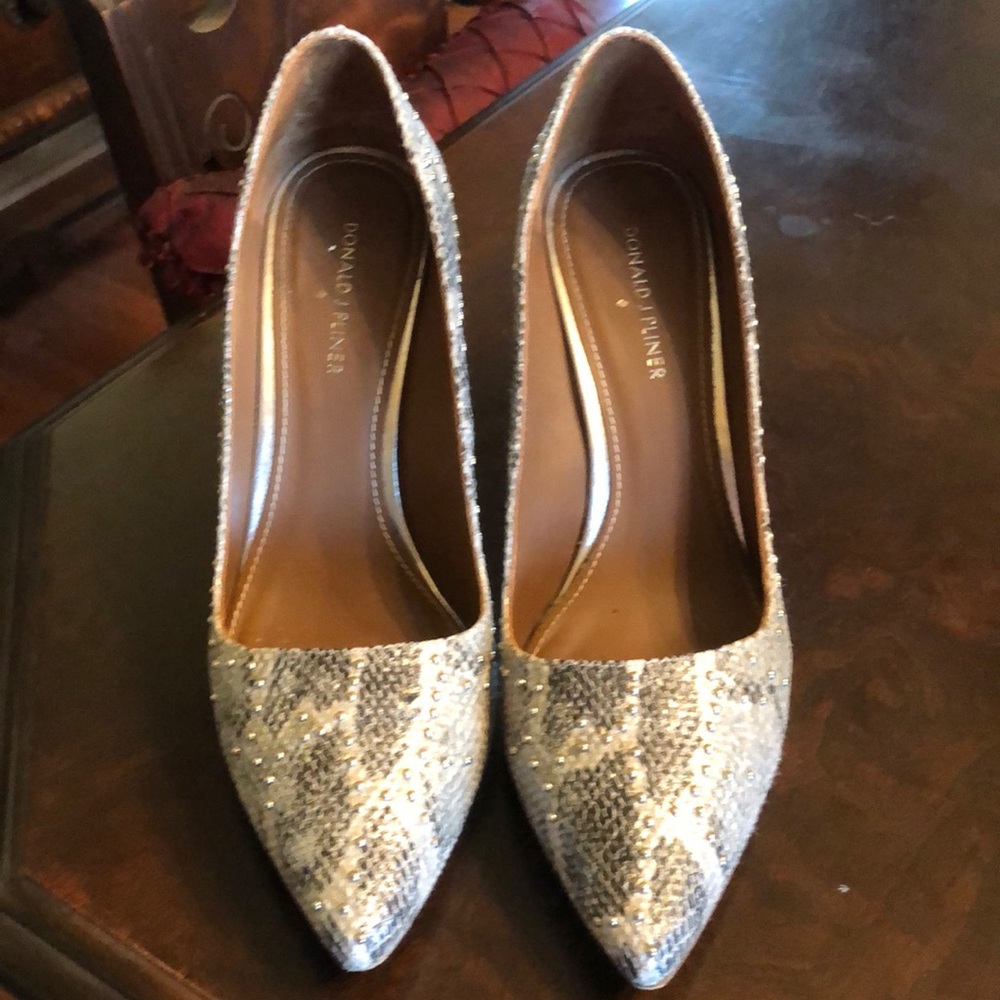 DJP Silver Canvas Snake Print studded heels